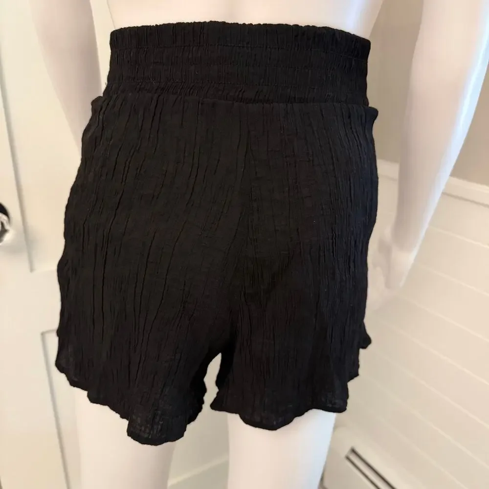 Zara Black Cotton Crinkle Gauze Shorts Smocked Waist Pull On Boho Flowy Sz XS 4